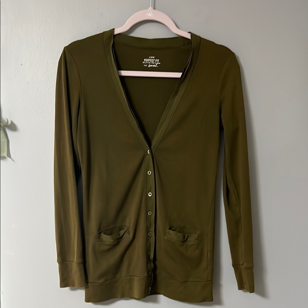 J Crew 100% Cotton Olive Green Button-Up Cardigan